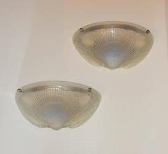 Signed Pair of R. Lalique Single Coquille Opalescent Frosted Deco Sconces