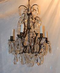 Wonderful French Patina Bronze Crystal Six Arm Beaded Obelisk Chandelier Fixture