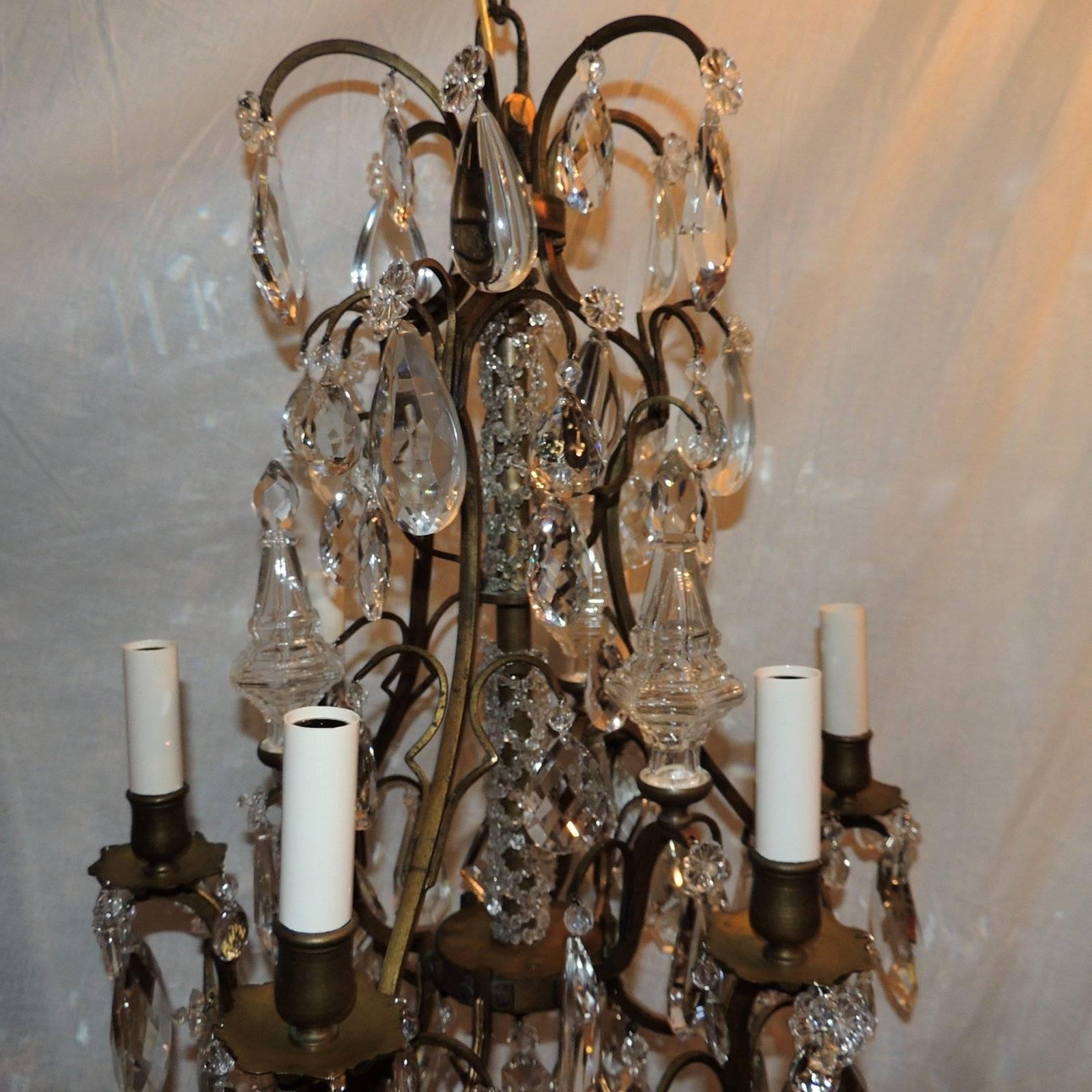 Faceted Wonderful French Patina Bronze Crystal Six Arm Beaded Obelisk Chandelier Fixture