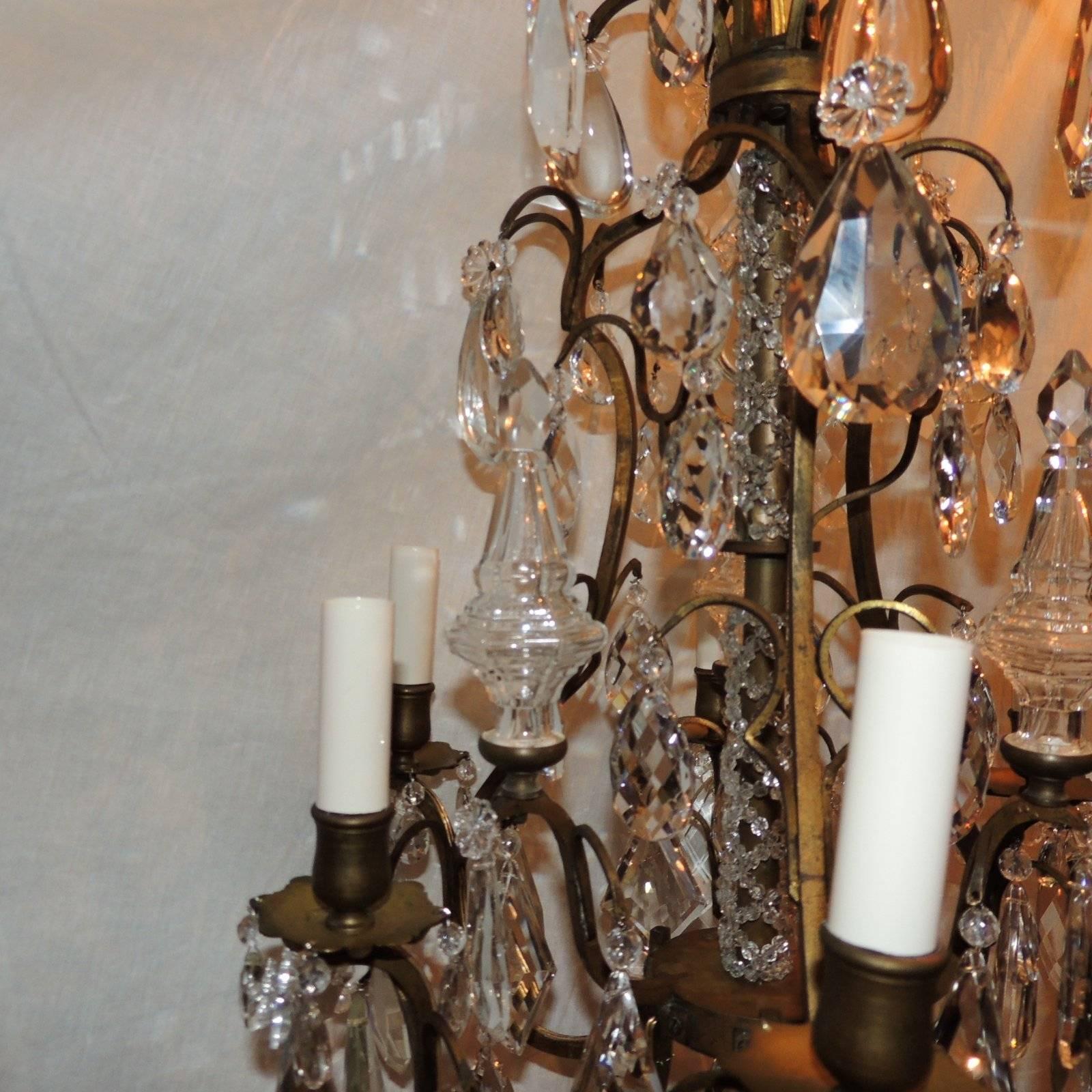 Wonderful French Patina Bronze Crystal Six Arm Beaded Obelisk Chandelier Fixture In Good Condition In Roslyn, NY