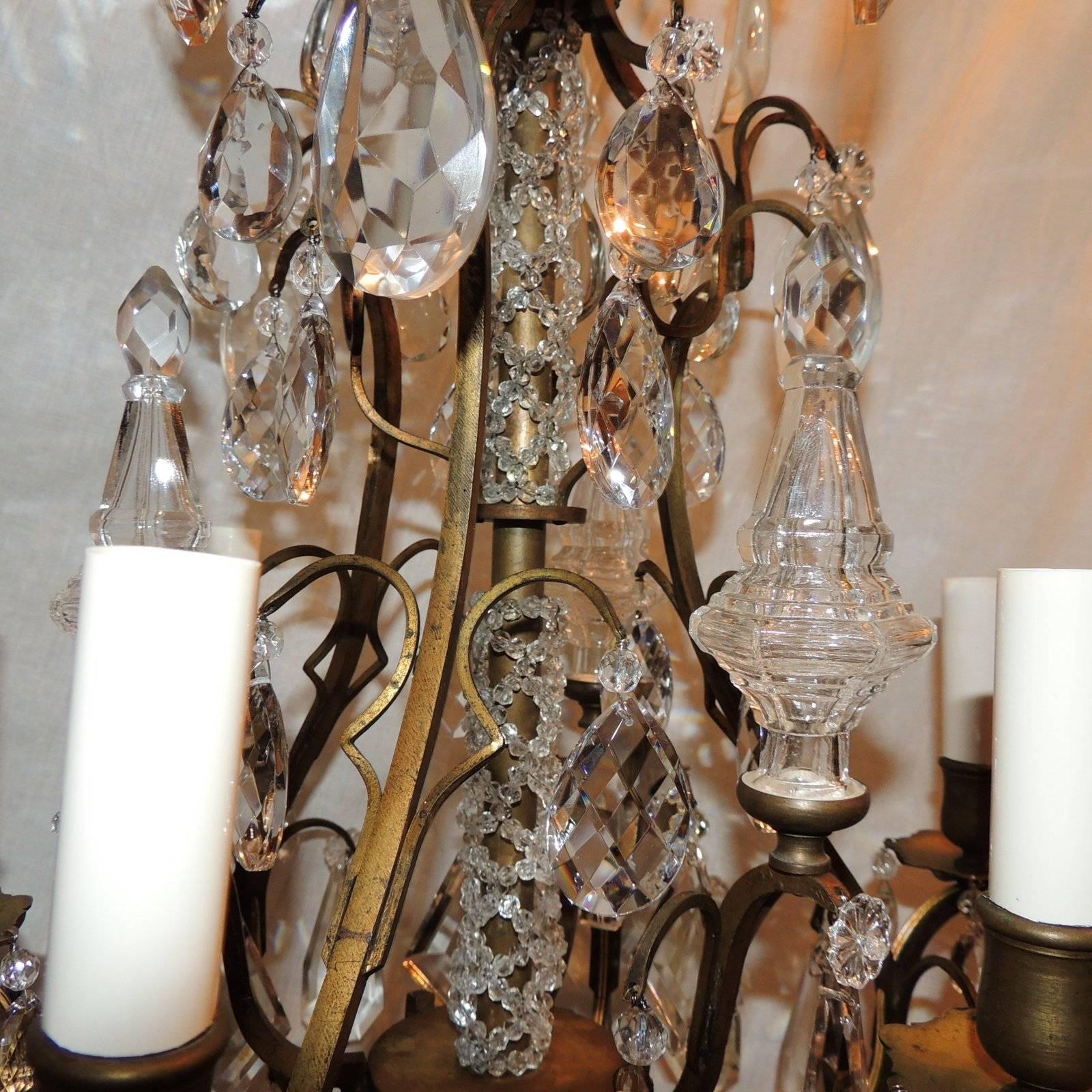 Mid-20th Century Wonderful French Patina Bronze Crystal Six Arm Beaded Obelisk Chandelier Fixture