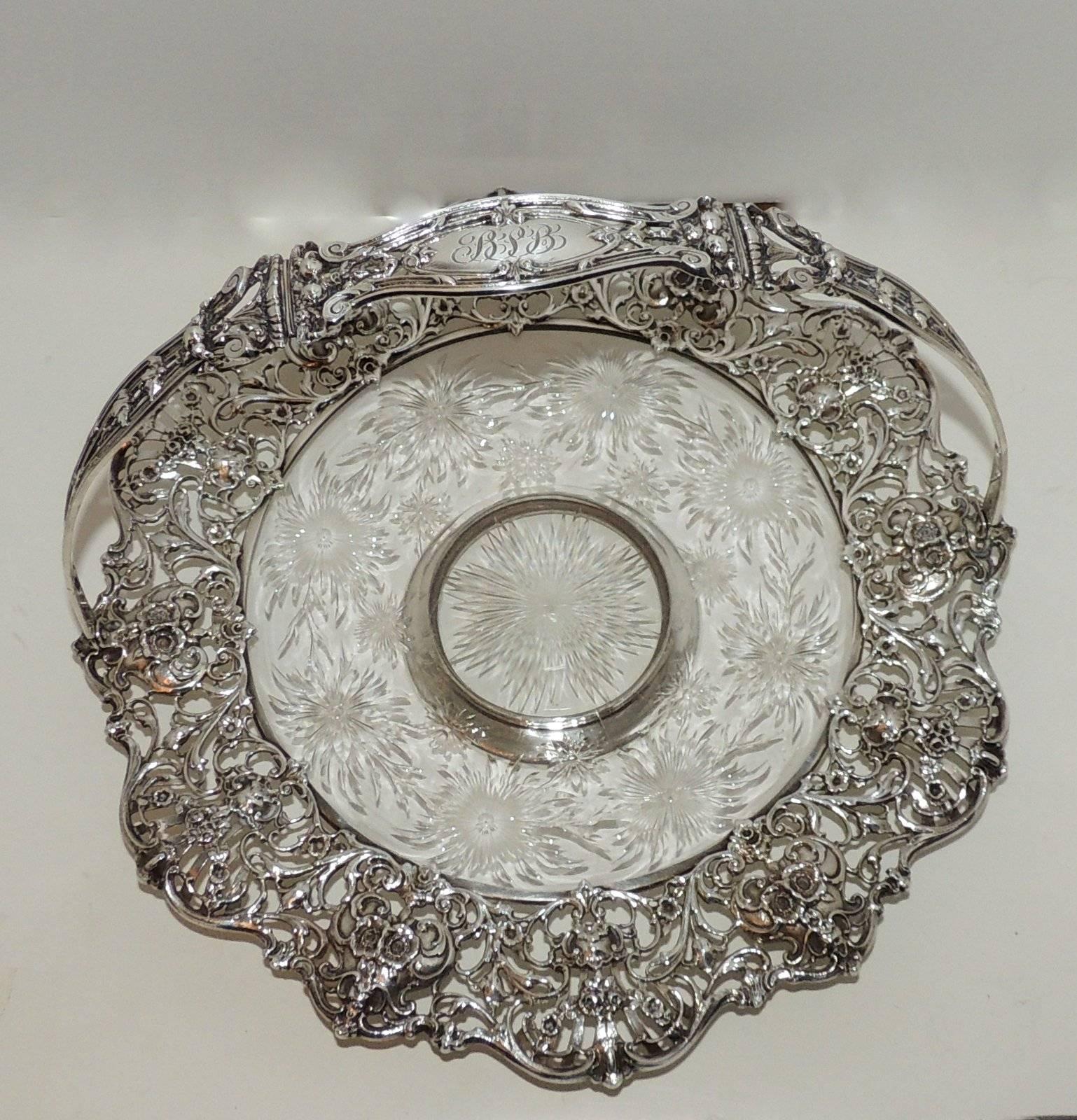 Beautiful Black Starr & Frost Pierced Handle Hawkes Crystal Platter Basket In Good Condition In Roslyn, NY