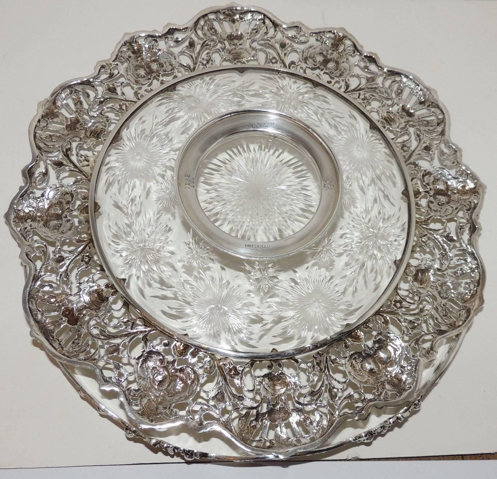 Sterling Silver Beautiful Black Starr & Frost Pierced Handle Hawkes Crystal Platter Basket