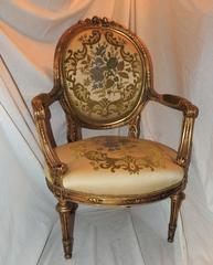 Beautiful Pair French Giltwood Finely Carved Open Armchairs, Louis XVI Fauteuils