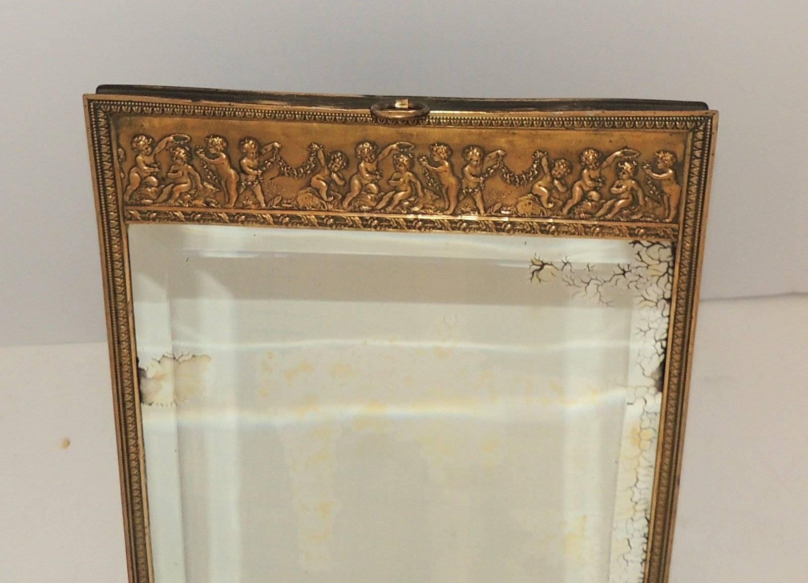 Belle Époque Wonderful French Bronze Cherub Putti Table Wall Beveled Dressing Mirror Frame For Sale