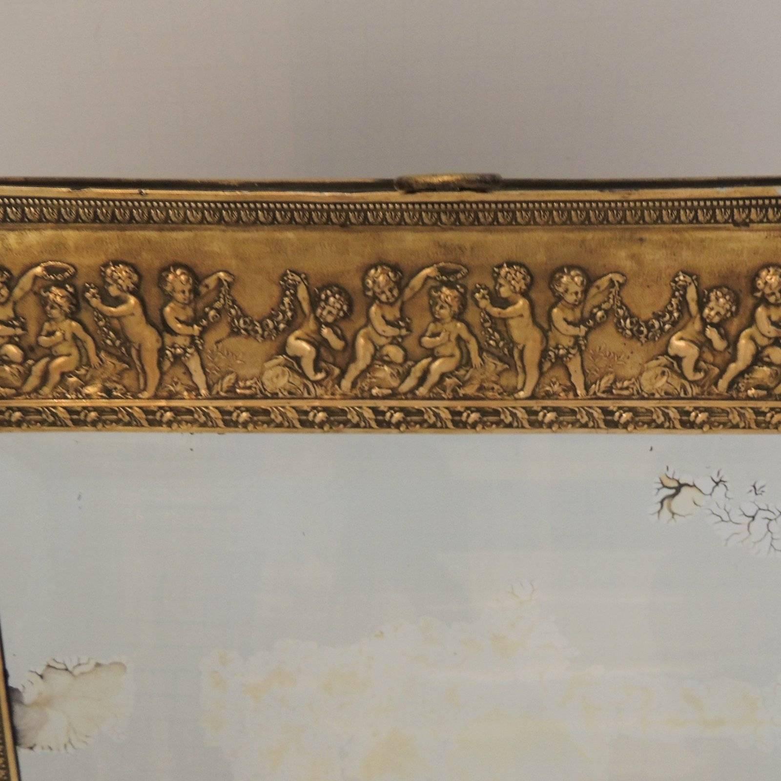 Wonderful French Bronze Cherub Putti Table Wall Beveled Dressing Mirror Frame In Good Condition For Sale In Roslyn, NY