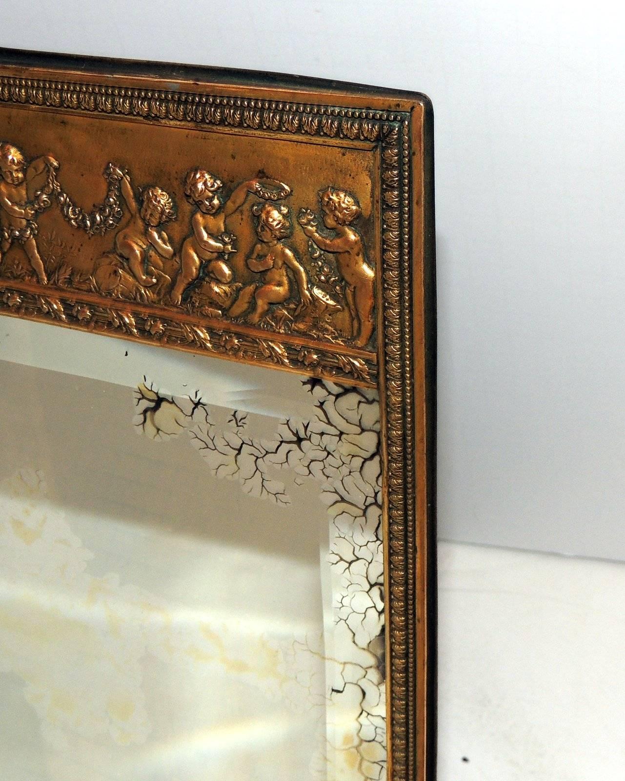 Early 20th Century Wonderful French Bronze Cherub Putti Table Wall Beveled Dressing Mirror Frame For Sale