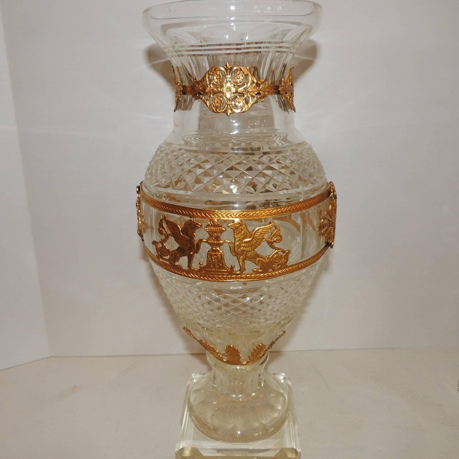 Beautiful Large Pair Baccarat Cut Crystal Ormolu-Mounted Regency Pedestal Vases In Good Condition In Roslyn, NY