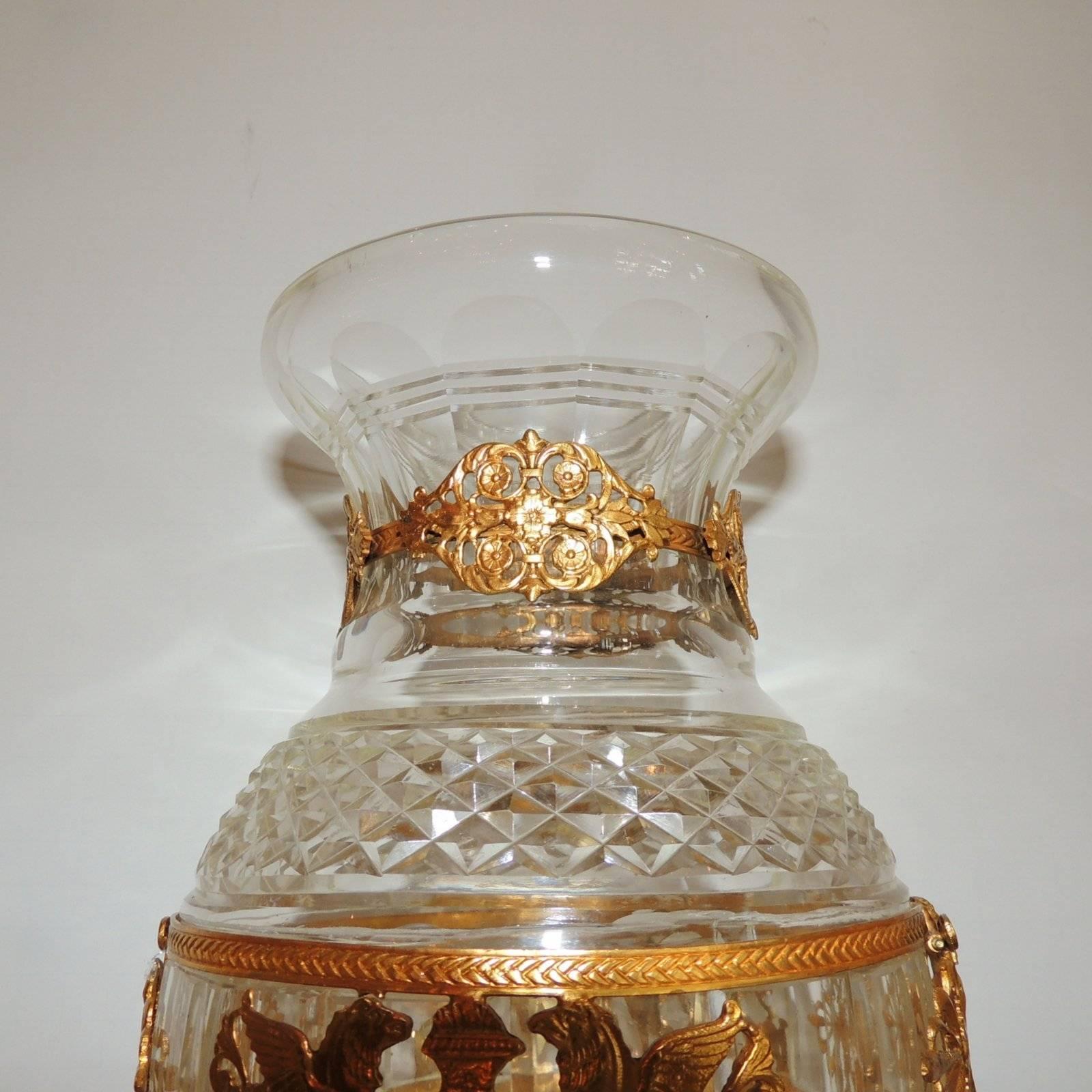 Neoclassical Beautiful Large Pair Baccarat Cut Crystal Ormolu-Mounted Regency Pedestal Vases