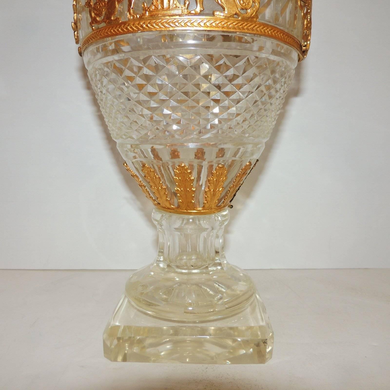 Gilt Beautiful Large Pair Baccarat Cut Crystal Ormolu-Mounted Regency Pedestal Vases