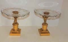 Wonderful Pair Dore Bronze Cherubs Putti Scalloped Crystal Compotes Centerpieces