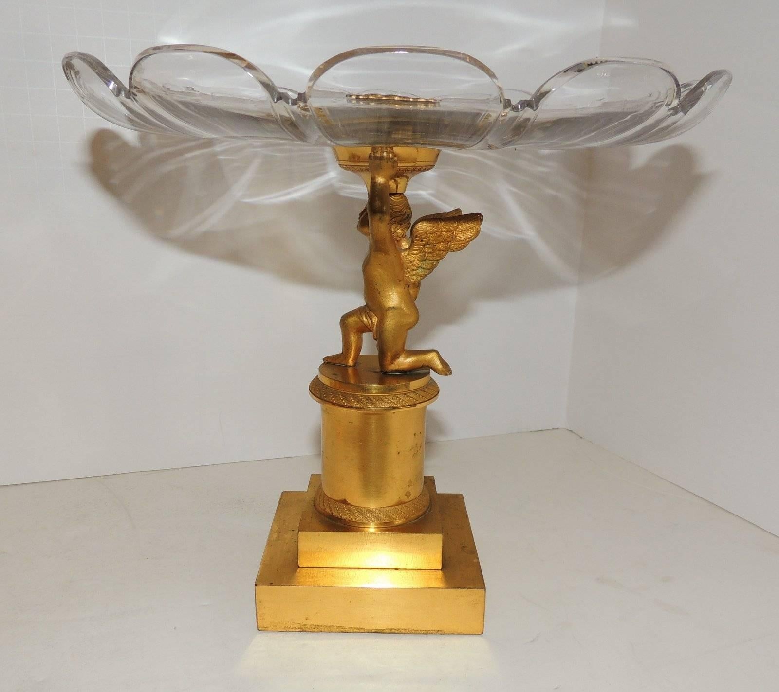 Mid-20th Century Wonderful Pair Dore Bronze Cherubs Putti Scalloped Crystal Compotes Centerpieces For Sale