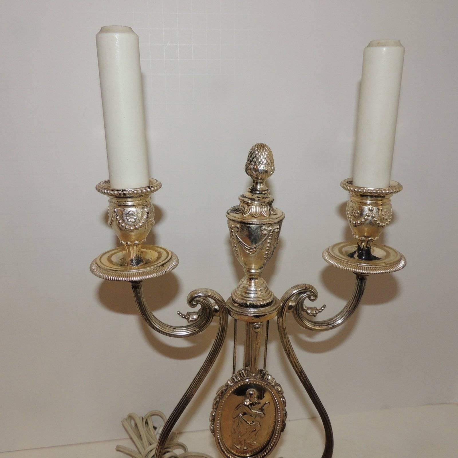 Wonderful E.F. Caldwell Neoclassical Silvered Bronze Candelabra Fine Table Lamp In Good Condition For Sale In Roslyn, NY