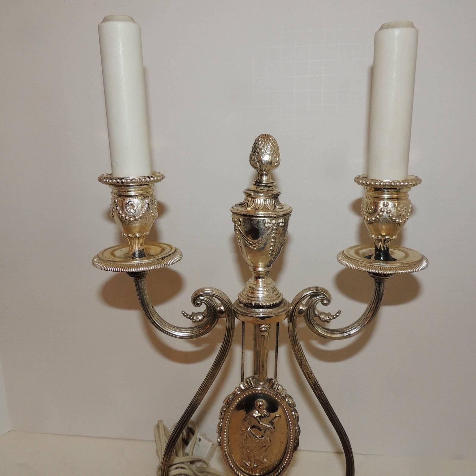 North American Wonderful E.F. Caldwell Neoclassical Silvered Bronze Candelabra Fine Table Lamp For Sale