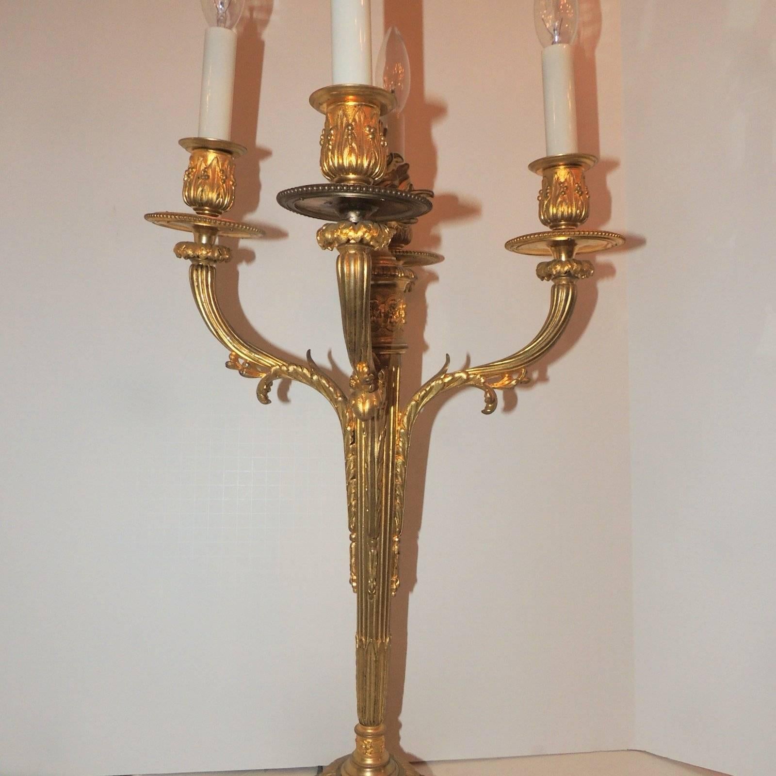 Wonderful Pair French Neoclassical Dore Bronze Regency Four-Arm Candelabra Lamps For Sale 1