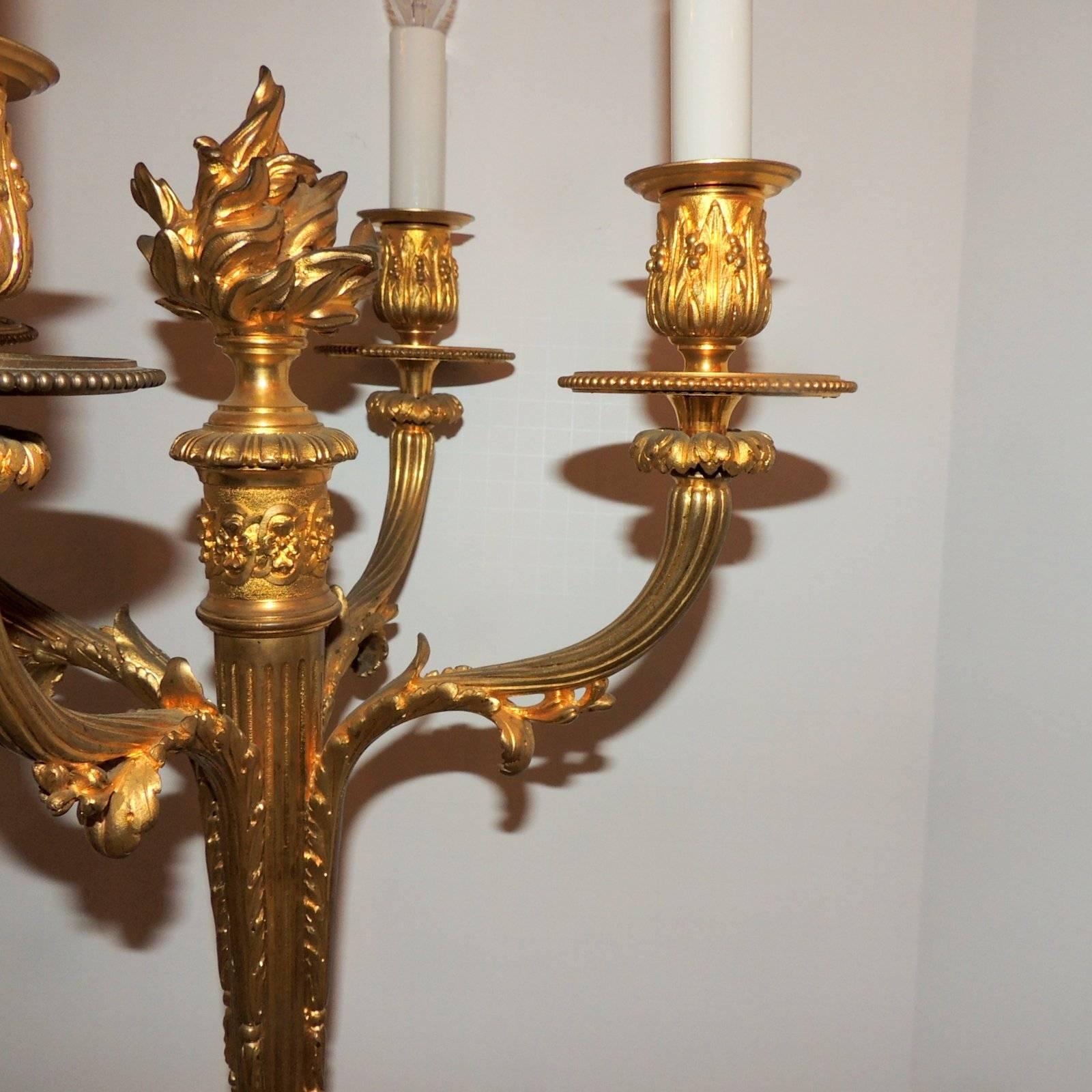 Wonderful Pair French Neoclassical Dore Bronze Regency Four-Arm Candelabra Lamps For Sale 2