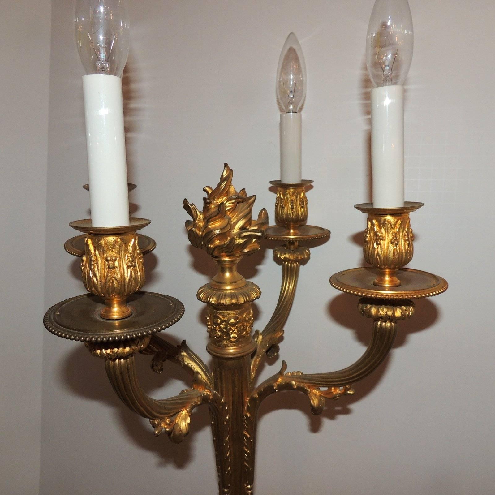 Gilt Wonderful Pair French Neoclassical Dore Bronze Regency Four-Arm Candelabra Lamps For Sale