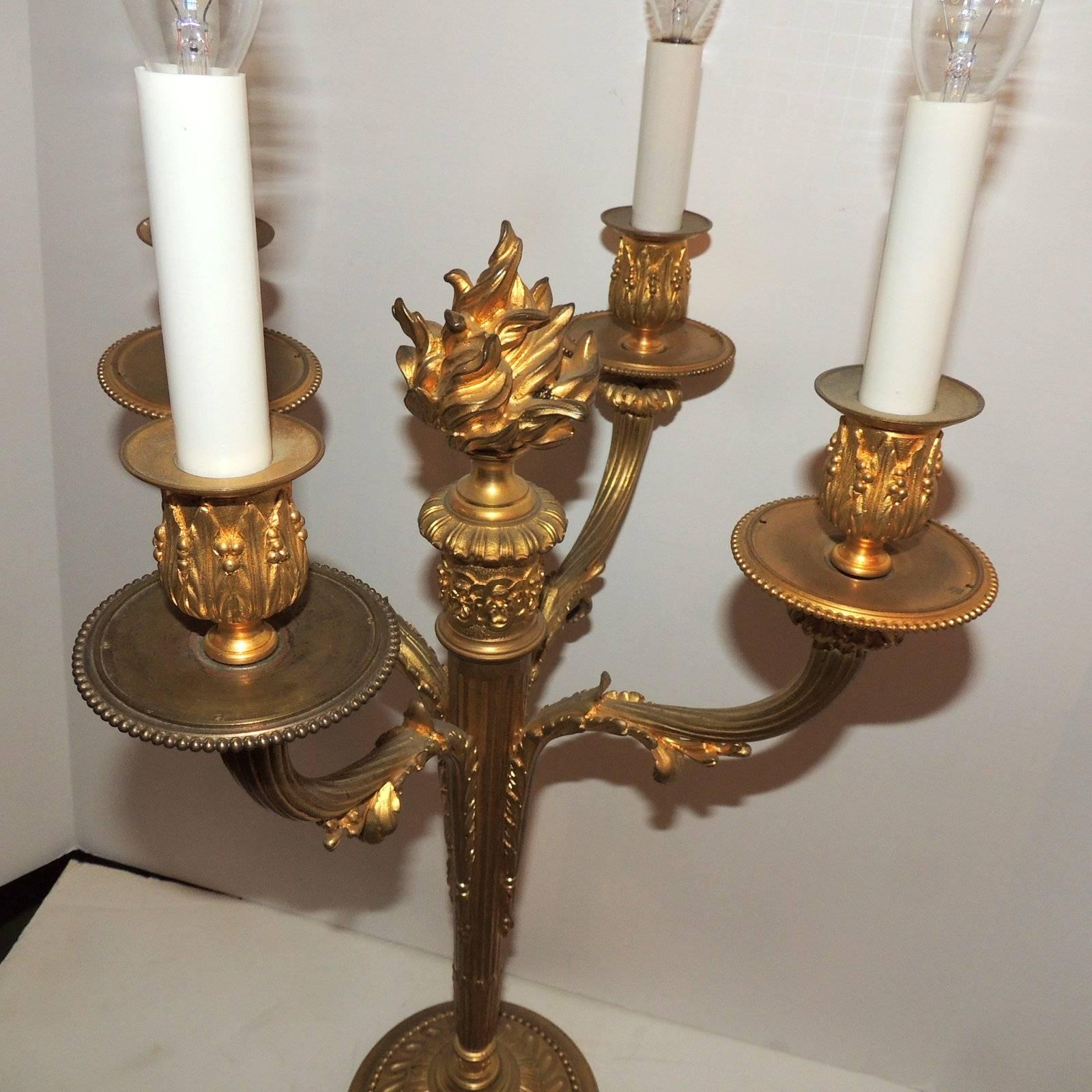 Wonderful Pair French Neoclassical Dore Bronze Regency Four-Arm Candelabra Lamps In Good Condition For Sale In Roslyn, NY