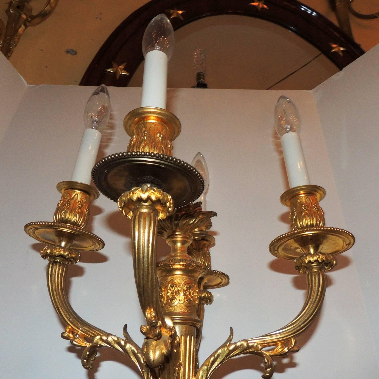 Wonderful Pair French Neoclassical Dore Bronze Regency Four-Arm Candelabra Lamps For Sale 3