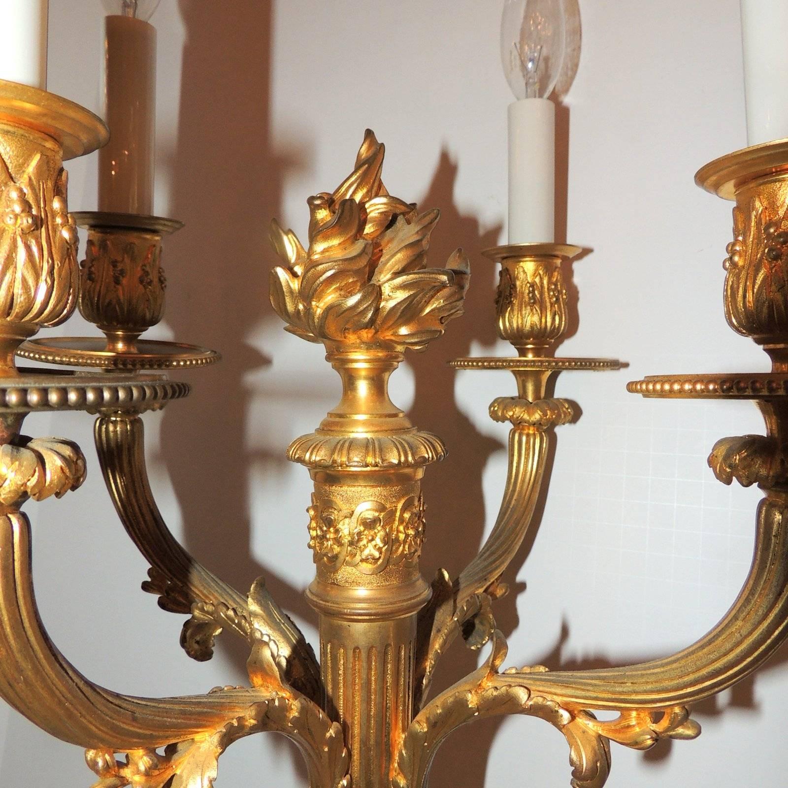 Mid-20th Century Wonderful Pair French Neoclassical Dore Bronze Regency Four-Arm Candelabra Lamps For Sale