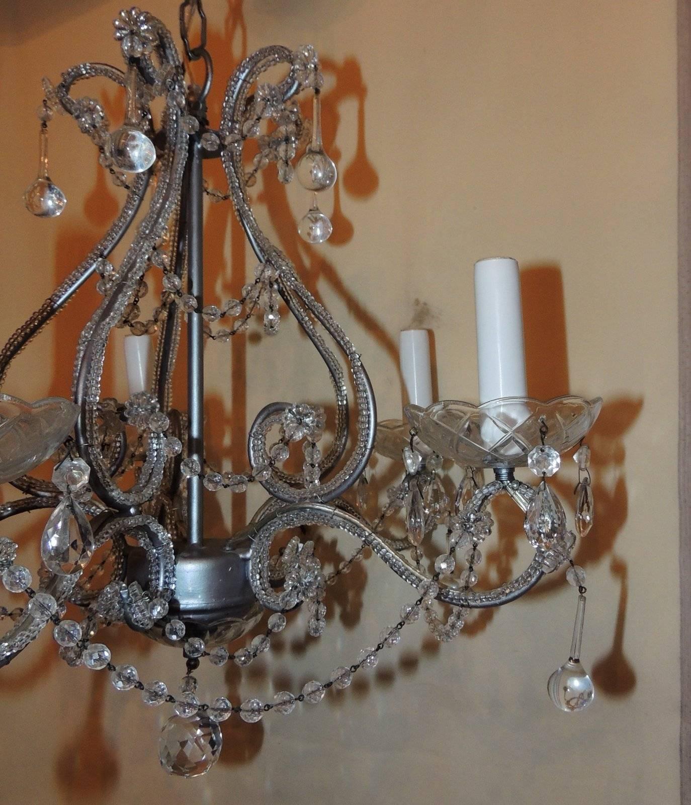 Wonderful Silver Gilt Crystal Beaded Bagues Jansen Transitional Chandelier In Good Condition In Roslyn, NY