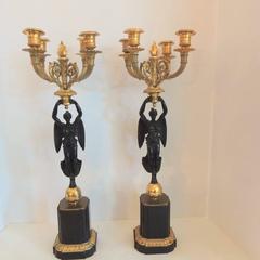Wonderful Pair French Empire Dore Bronze Gilt Patinated Figural Candelabras