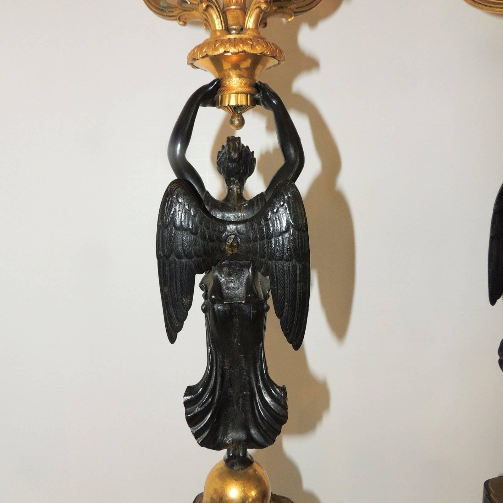 Wonderful Pair French Empire Dore Bronze Gilt Patinated Figural Candelabras 2