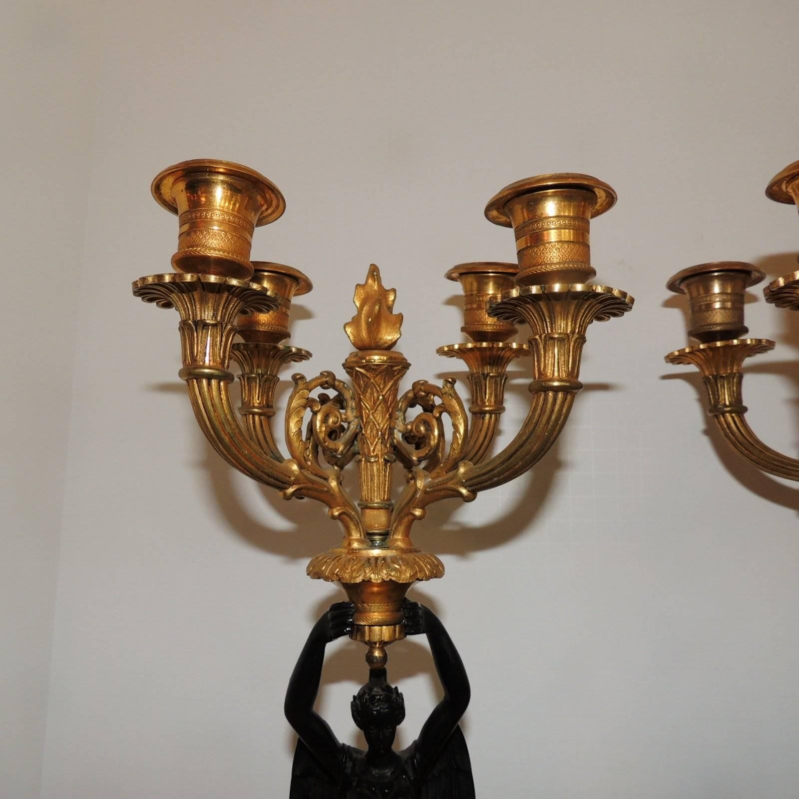 Wonderful Pair French Empire Dore Bronze Gilt Patinated Figural Candelabras In Good Condition In Roslyn, NY
