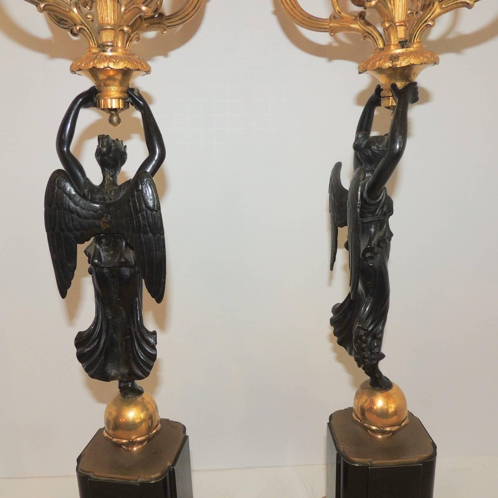 Wonderful Pair French Empire Dore Bronze Gilt Patinated Figural Candelabras 4
