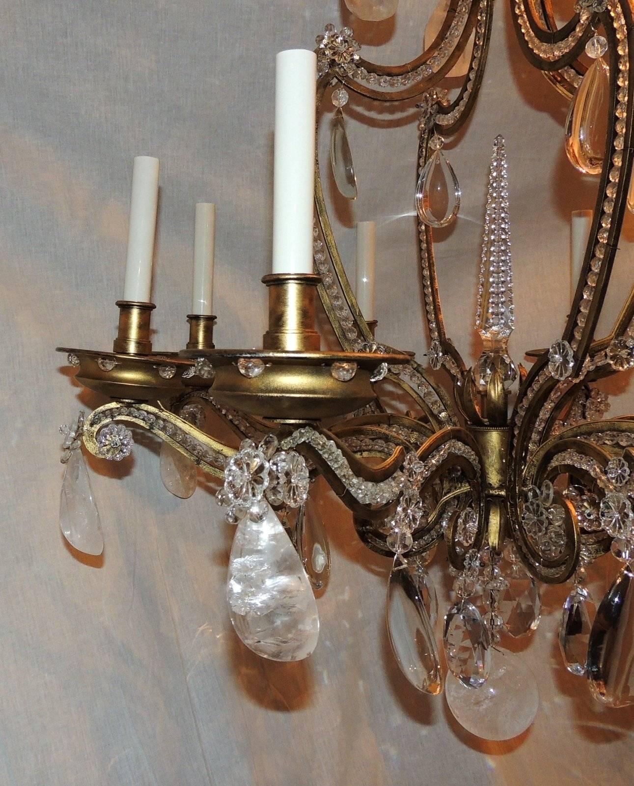 Beautiful Rock Crystal Gilt Beaded Vintage Bagues Jansen Transitional Chandelier In Good Condition In Roslyn, NY