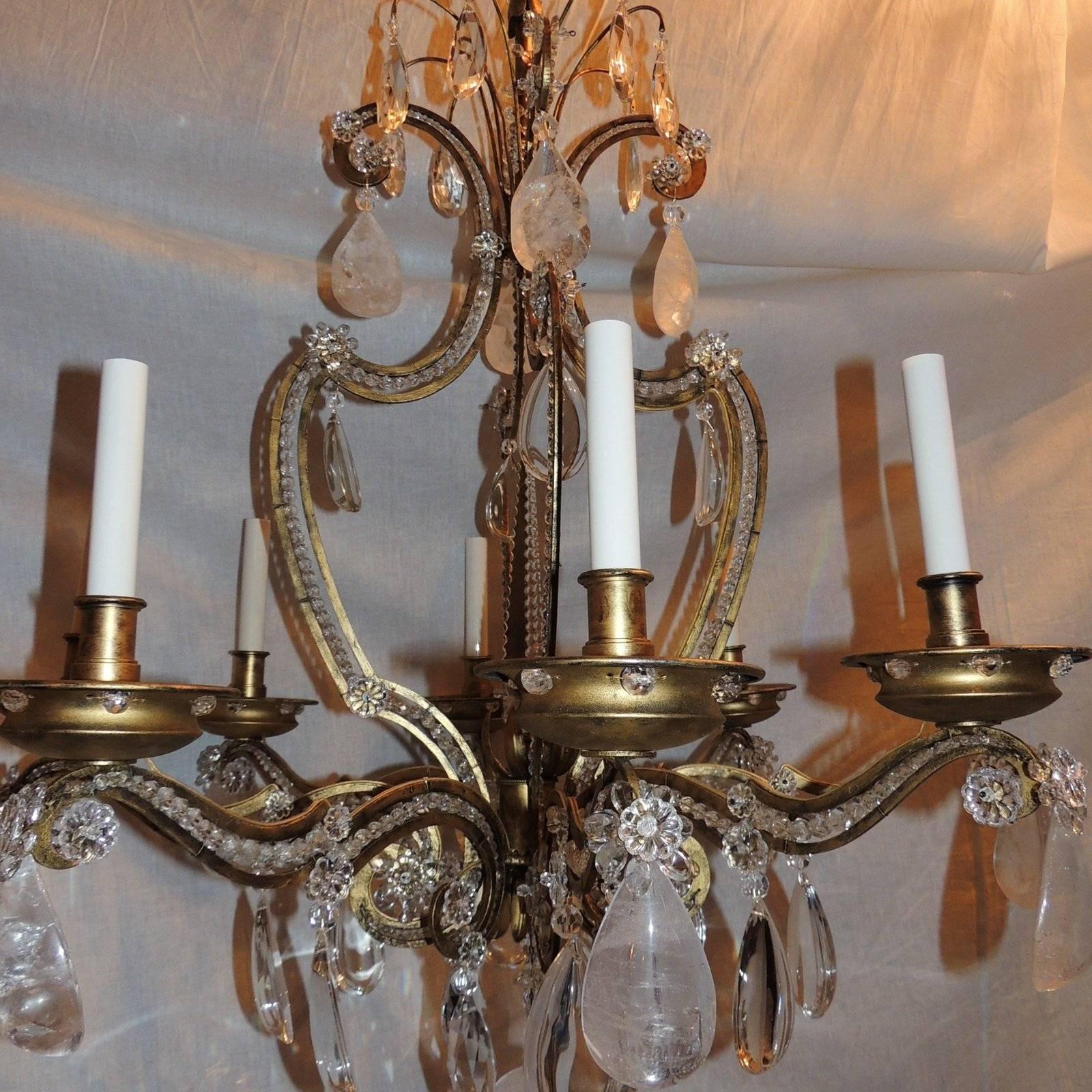 Mid-20th Century Beautiful Rock Crystal Gilt Beaded Vintage Bagues Jansen Transitional Chandelier