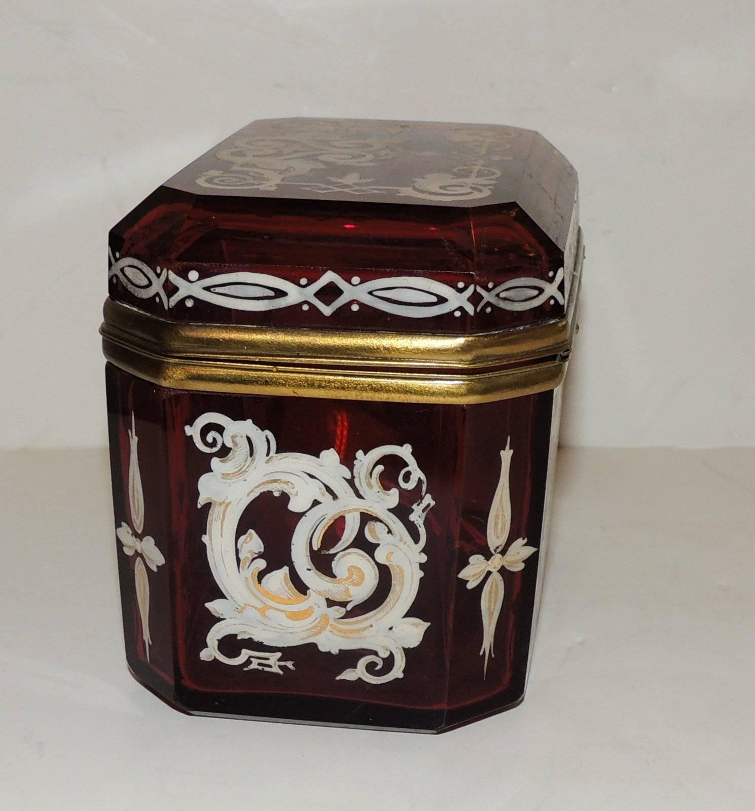Beautiful Hand-Painted Beveled Ruby Glass Crystal Ormolu Box Ormolu Fine Casket In Good Condition In Roslyn, NY