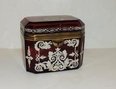 Beautiful Hand-Painted Beveled Ruby Glass Crystal Ormolu Box Ormolu Fine Casket