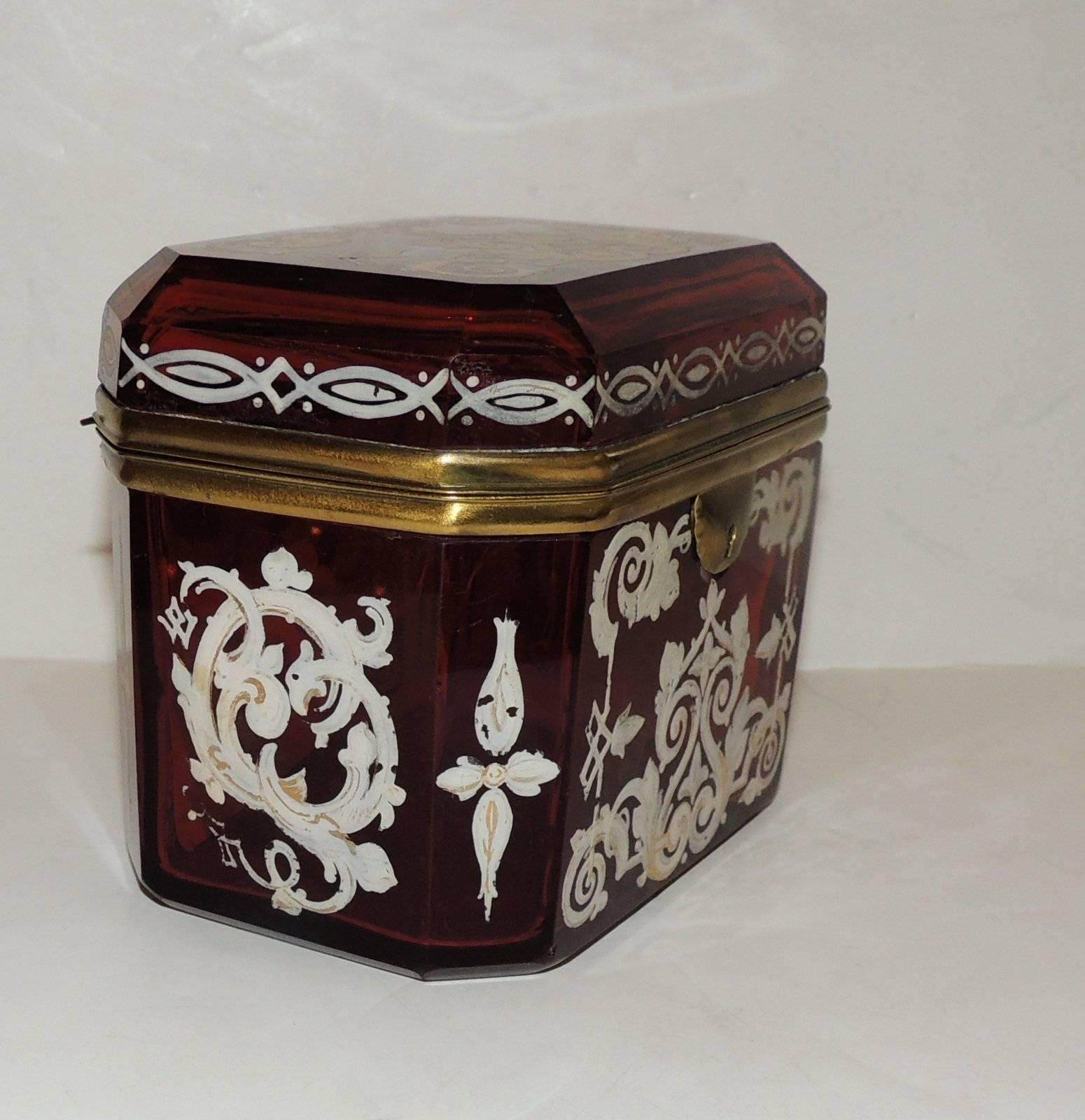Mid-20th Century Beautiful Hand-Painted Beveled Ruby Glass Crystal Ormolu Box Ormolu Fine Casket