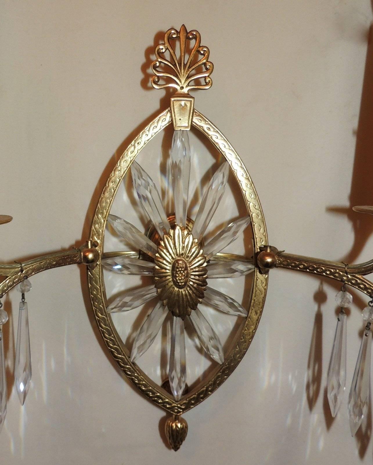 Gilt Beautiful Neoclassical Set Six French Bronze Crystal Caldwell Starburst Sconces For Sale