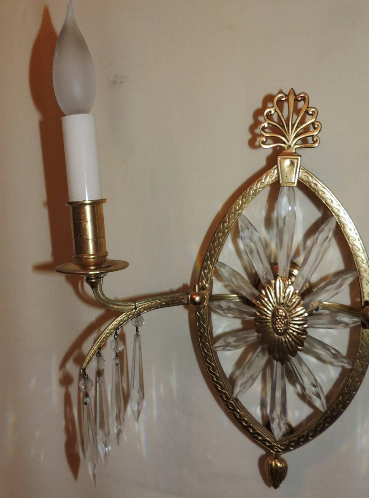 Beautiful Neoclassical Set Six French Bronze Crystal Caldwell Starburst Sconces In Good Condition For Sale In Roslyn, NY