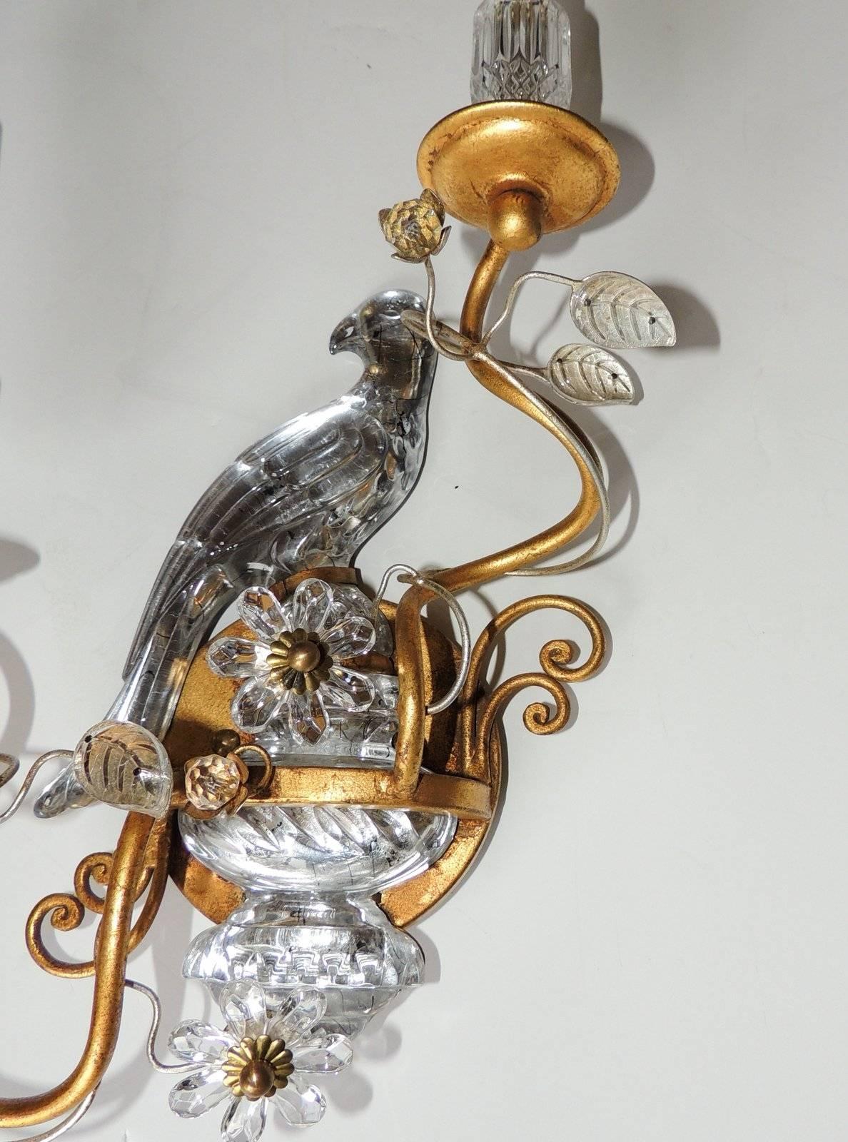 Vintage Pair of Bagues Rock Crystal Urn Bird Parrot Flower Jansen Glass Sconces 1