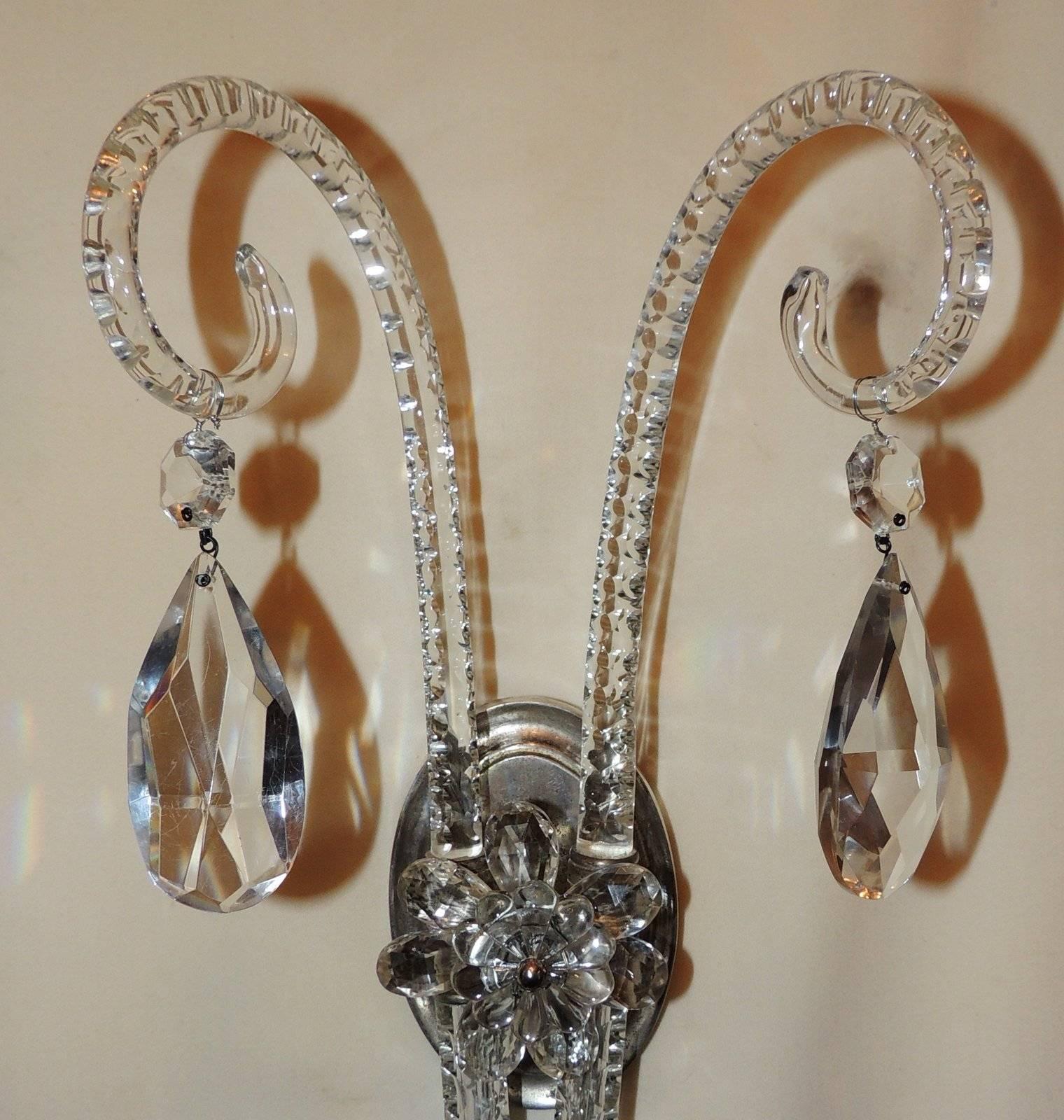 Etched Elegant Pair of Antique Cut Crystal Georgian Silvered Bronze Floral Sconces For Sale