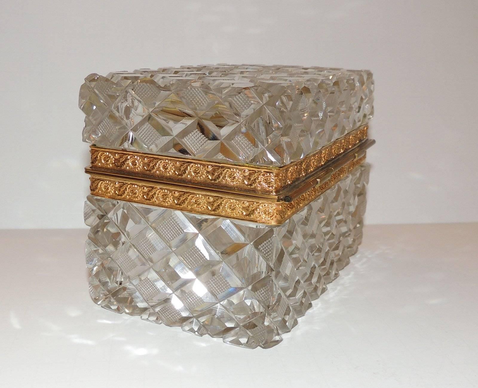 Etched Wonderful French Faceted Cut Crystal Bronze Ormolu-Mounted Casket Jewelry Box