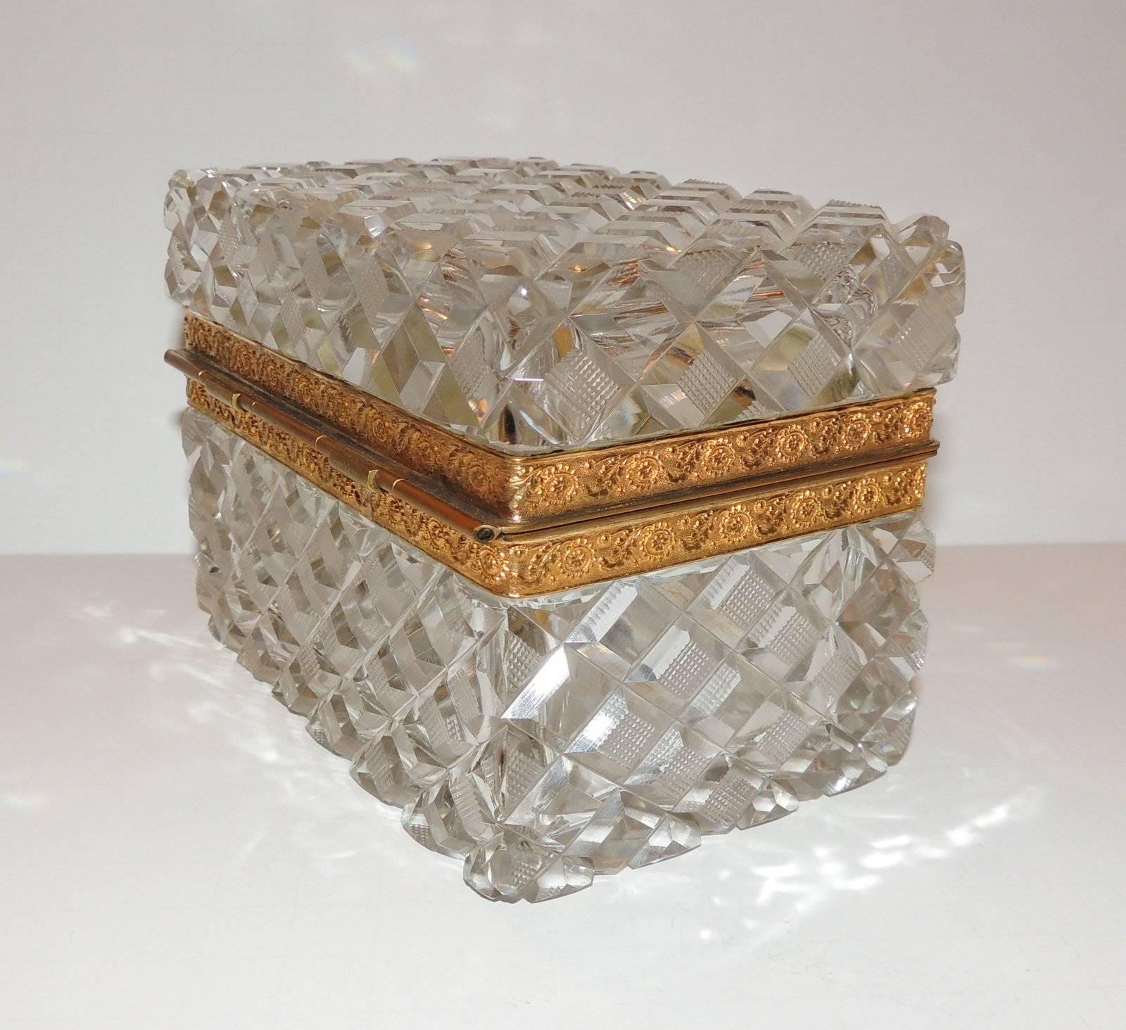 Wonderful French Faceted Cut Crystal Bronze Ormolu-Mounted Casket Jewelry Box In Good Condition In Roslyn, NY
