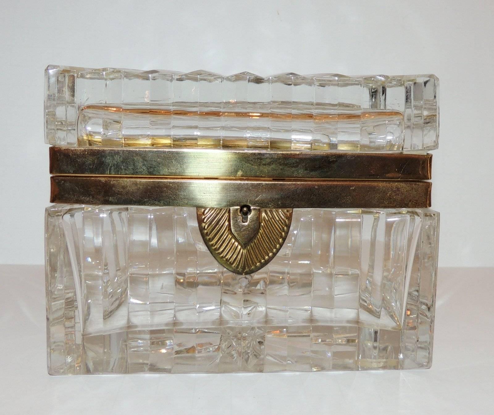 Art Deco Stunning Pair French Etched Cut Crystal Ormolu-Mounted Deco Casket Jewelry Box