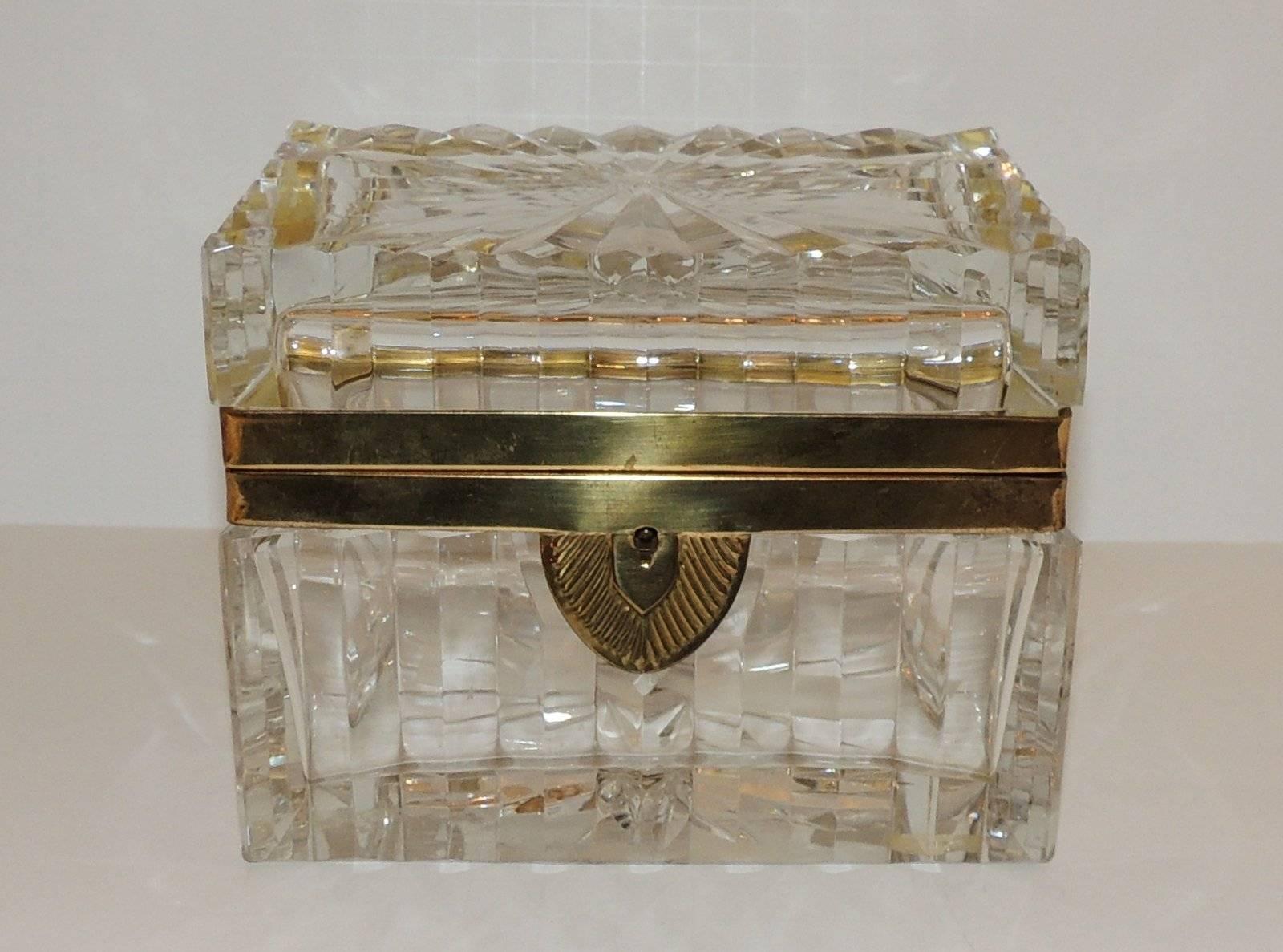 Faceted Stunning Pair French Etched Cut Crystal Ormolu-Mounted Deco Casket Jewelry Box