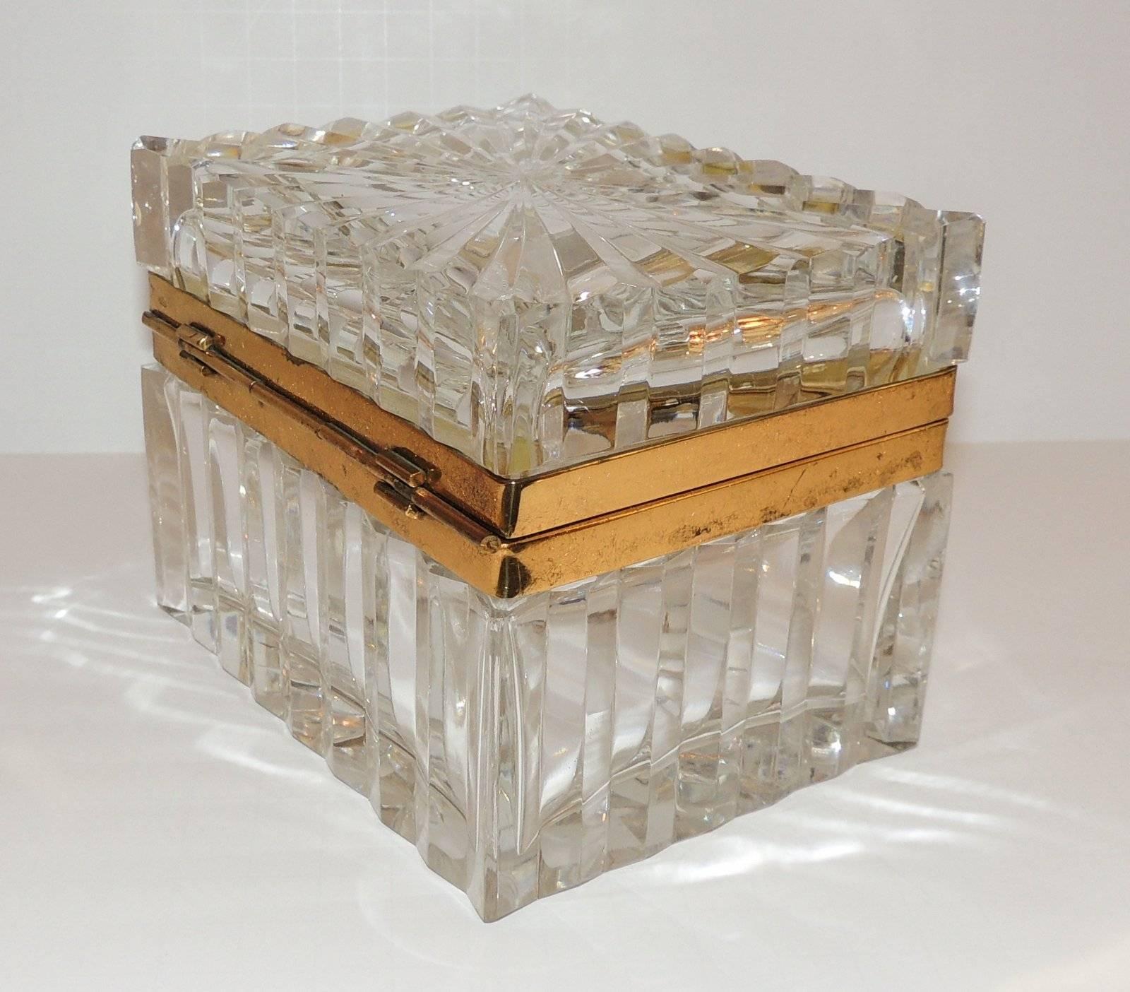 Mid-20th Century Stunning Pair French Etched Cut Crystal Ormolu-Mounted Deco Casket Jewelry Box