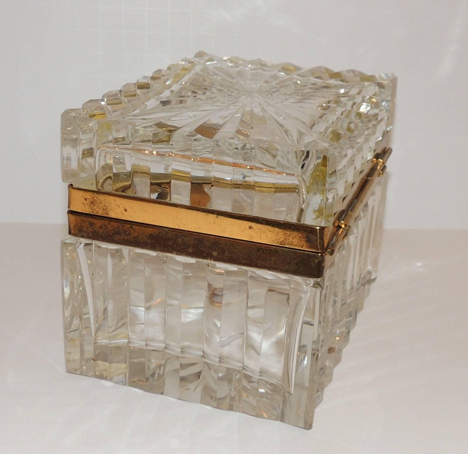 Stunning Pair French Etched Cut Crystal Ormolu-Mounted Deco Casket Jewelry Box 1