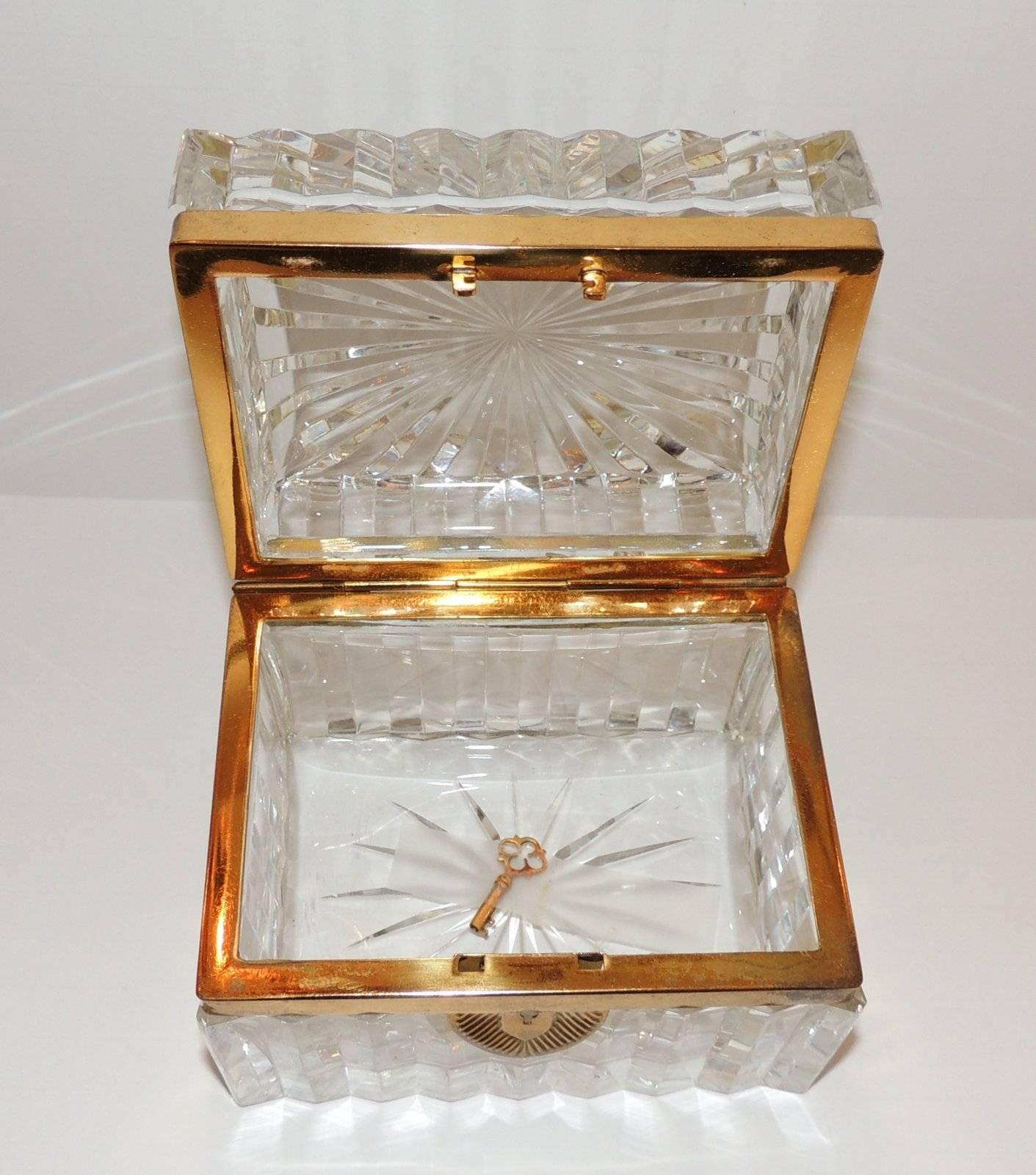 Stunning Pair French Etched Cut Crystal Ormolu-Mounted Deco Casket Jewelry Box 2