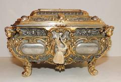 Ornate Vermeil Gilt Silvered Bronze Cherub Footed Casket Jewelry Box Velvet