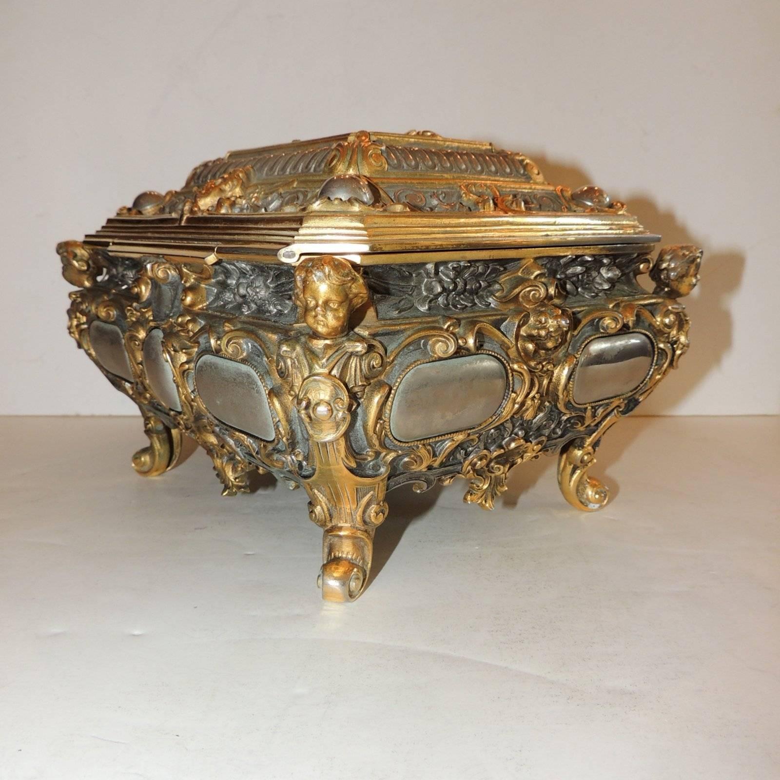 Belle Époque Ornate Vermeil Gilt Silvered Bronze Cherub Footed Casket Jewelry Box Velvet
