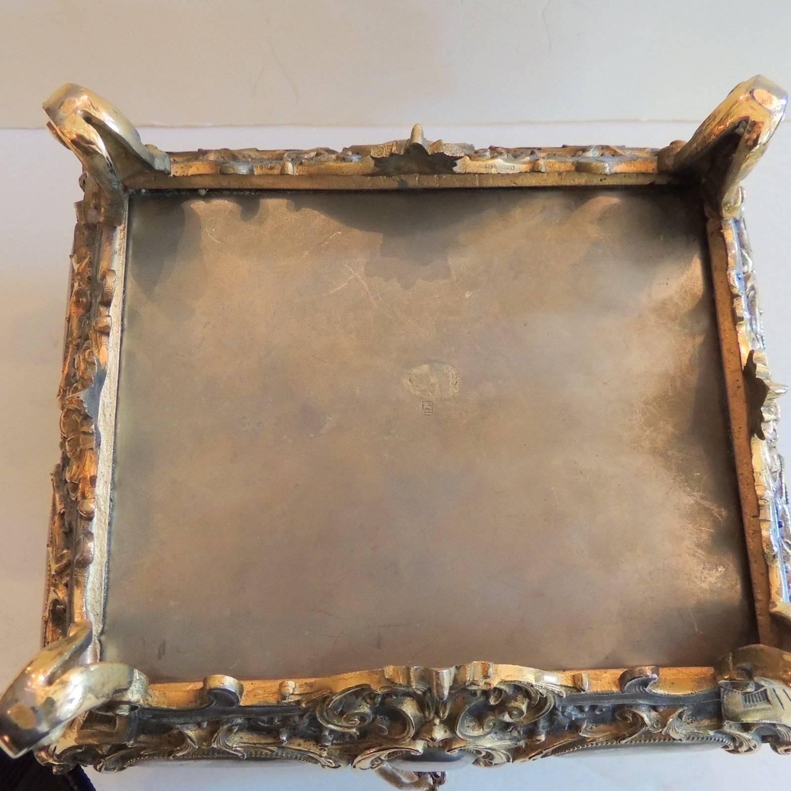 Ornate Vermeil Gilt Silvered Bronze Cherub Footed Casket Jewelry Box Velvet In Good Condition In Roslyn, NY