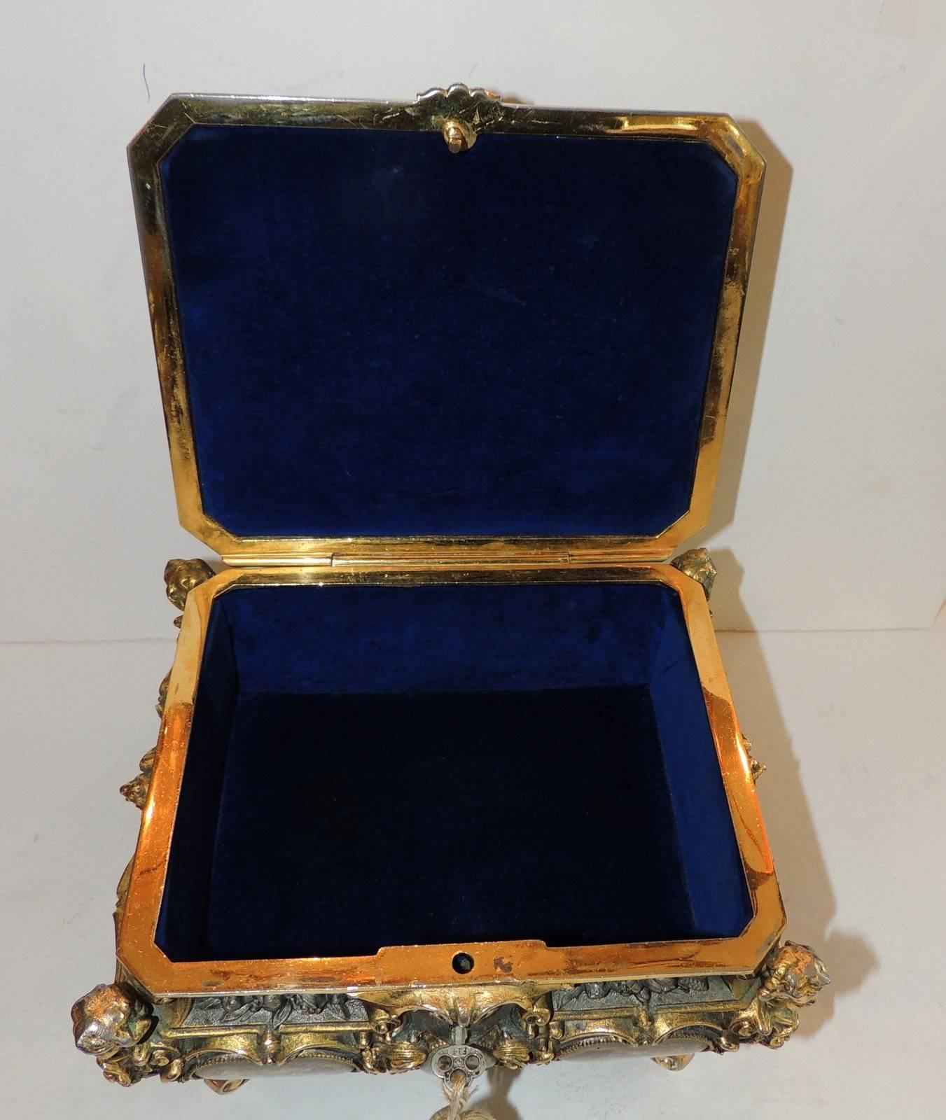 French Ornate Vermeil Gilt Silvered Bronze Cherub Footed Casket Jewelry Box Velvet