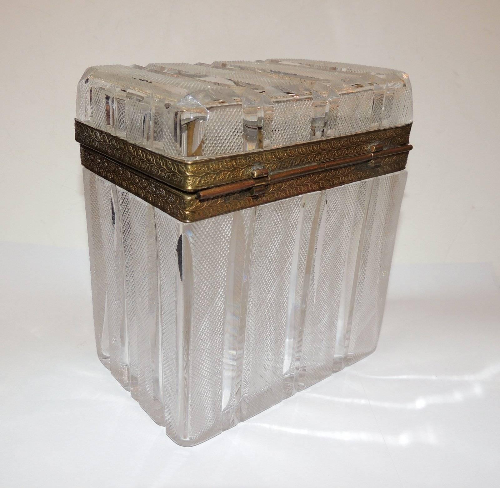 Wonderful French Faceted Etched Crystal Bronze Ormolu Mounted Casket Jewelry Box In Good Condition In Roslyn, NY